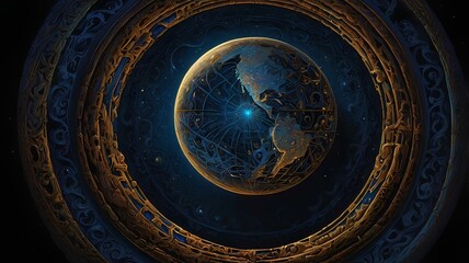 Swirling majestically against a background of dark blue and black, it evokes a sense of mystery and wonder