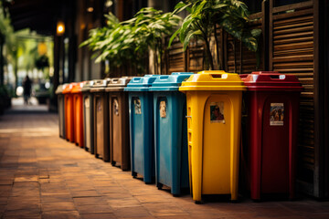 Colorful Recycling Bins Lined Up on a Street. A row of colorful recycling bins stand lined up on a brick street, ready for collection.