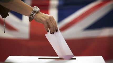 A woman's hand places a ballot paper into a ballot box during a United Kingdom election, with a British Union Jack flag in the background.	
