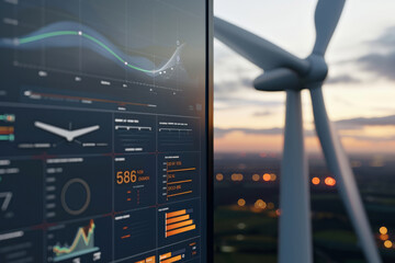 Modern wind turbine with detailed energy data analyzer next to it on screen close up
