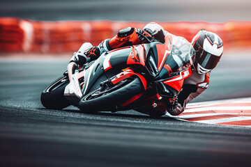 Motorcyclist on a sports racing motorcycle folds into a corner on the track close-up
