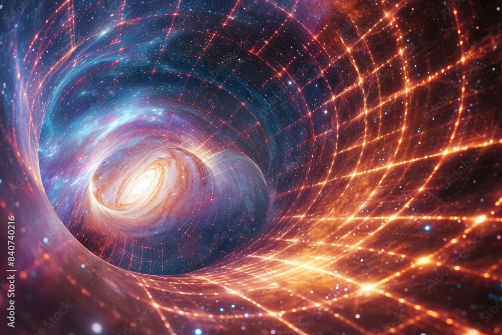 Poster Swirling galaxy on warped space grid, parallel dimension where gravity works in reverse