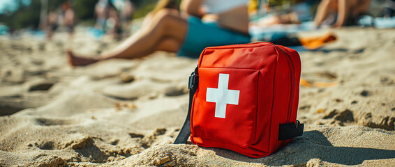 Closeup of a first aid kit open on a sandy beach, with a lifeguard bandaging a person's foot in the background 