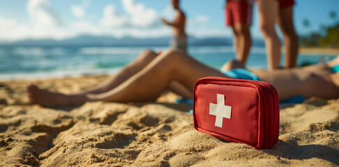 Naklejka premium Closeup of a first aid kit open on a sandy beach, with a lifeguard bandaging a person's foot in the background 