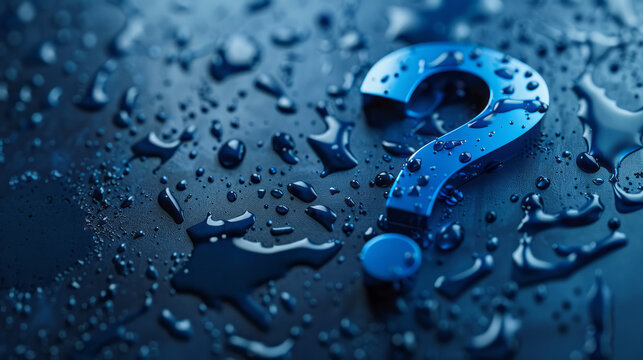 Embossed question mark icon on beautiful dark solid background with water drops close up
