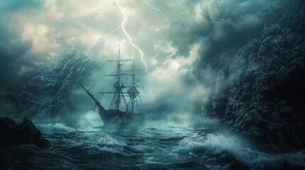 Sailing ship in sea water in rain thunderstorm.