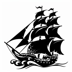 Sailing ship in sea water. Clipart black silhouette over white background.