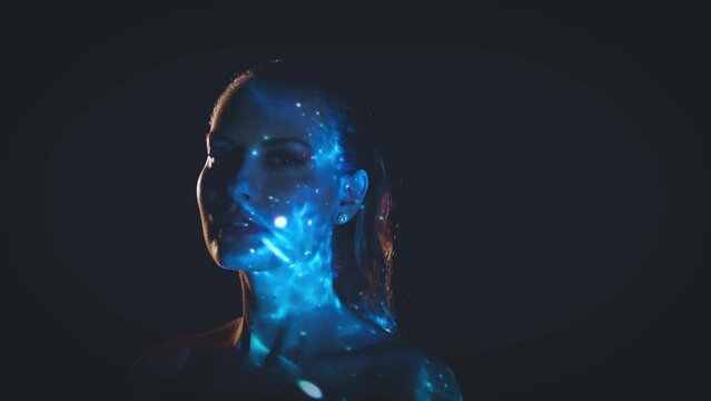 art fantasy portrait person meditating head close-up, Fairy Goddess young sexy woman and space fly stars galaxy light blue planet universe glowing on beauty face happy girl love calm. Zodiac sign 4k