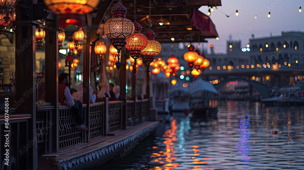 Poster illuminated hanging lanterns; tranquil water reflection., riverfront scene with hanging lanterns and