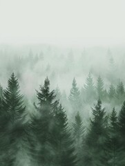 Fototapeta premium Misty landscape with fir forest in vintage retro style. Generative AI hyper realistic 