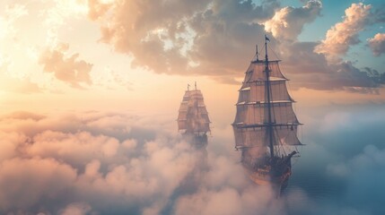 Sailing ship in sea water in heavy fog at sunset.
