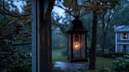 a solar lantern suspended from the eave of an outdoor porch, casting a serene blue light amidst the gentle patter of raindrops, creating a captivating scene of tranquility and natural beauty.