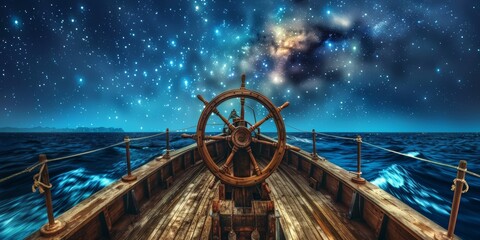 Deck view with ship wheel from a sailing ship with beautiful seascape and night starring sky.