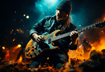Obraz premium Musician Playing Guitar On Stage. A musician plays an electric guitar on stage, engulfed in a fiery atmosphere.