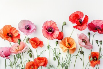 Vibrant and delicate poppies, Artistic Watercolor Poppy Arrangement with vibrant blooms on a clean white canvas