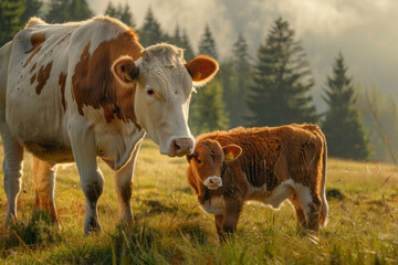 Cow with a little calf in a green meadow with trees in the background in the mountains and the rays of the setting sun
