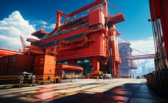 Red Industrial Complex in Bright Daytime. A large red industrial complex with cranes and a large building in the background.