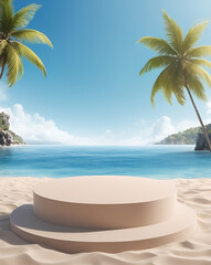 Beach podium background product summer sand display stand sea cosmetic. Product summer background podium beach sky scene presentation platform nature blue pedestal beauty water mockup