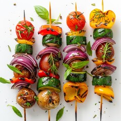Vibrant grilled vegetable skewers arranged on a clean white background