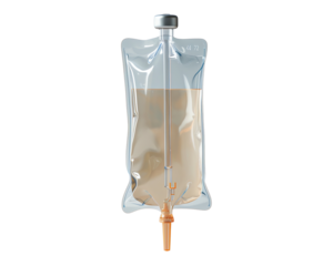 Close-up of an IV infusion bag filled with a yellowish liquid. Medical equipment used for intravenous therapy in hospitals or clinics.