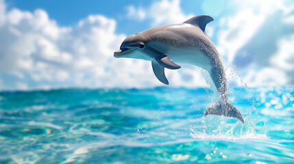 Naklejka premium Playful dolphin leaping out of the clear blue ocean with a blurred beach and sunny sky in the background 