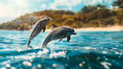 Playful dolphin leaping out of the clear blue ocean with a blurred beach and sunny sky in the background 