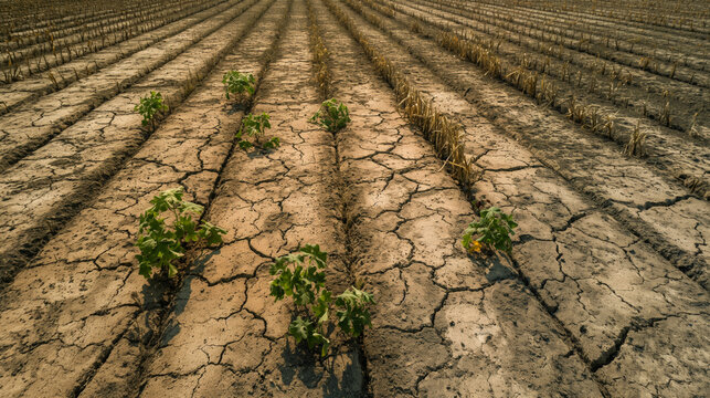 Overhead view of an expansive, barren plantation with visible cracks in the earth and dead crops 