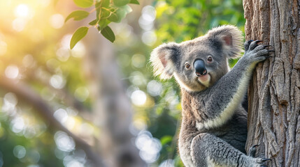 Fototapeta premium Smiling koala climbing a eucalyptus tree with a blurred summer sky and leaves in the background 