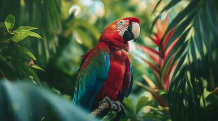Smiling parrot perched on a tree branch with tropical leaves and flowers blurred in the background 
