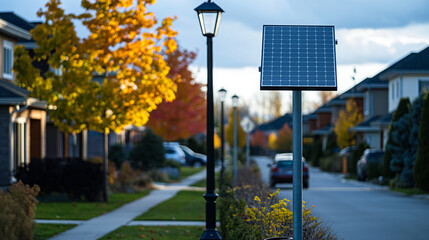 Solar panel attached to a streetlight pole in a quiet suburban neighborhood 