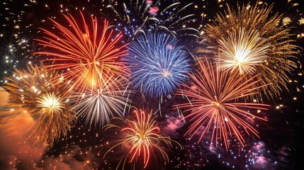 Vibrant, colorful fireworks display, stunning illustration of fireworks illuminating the black night sky with bursts of vibrant colors