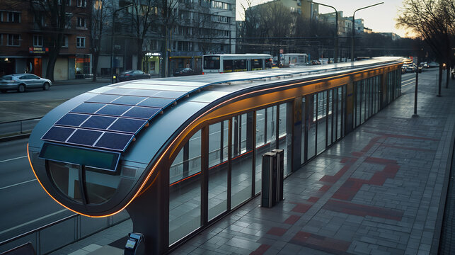 Solar panel integrated into the roof of a futuristic bus stop in a busy city center 
