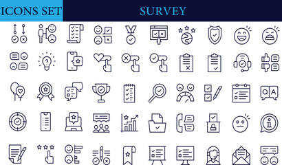 Set of 50 Survey line icons set. Survey outline icons with editable stroke collection. Includes Vote, Review, Feedback, Poll, Research, and More.