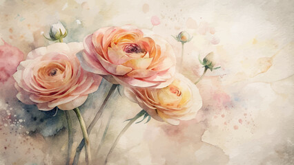 Vintage ranunculus flower watercolor background