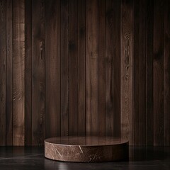 A minimalist product shot featuring a podium at the center of the image, set against a dark wood background for a rich and sophisticated style.