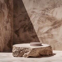 A minimalist product shot featuring a podium at the center of the image, set against a rugged stone background for a natural and earthy feel.