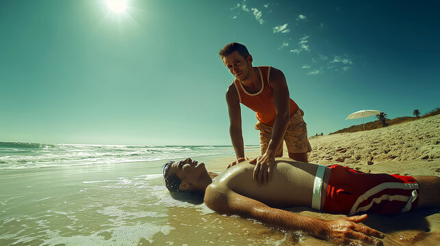 Wide-angle view of a lifeguard performing CPR on a beach after a near-drowning incident - Powered by Adobe