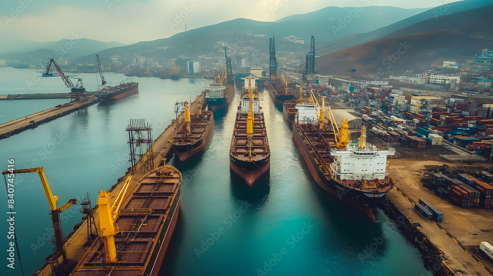 Poster wide-angle view of a shipping port with idle grain ships and empty docks, highlighting the grain cri