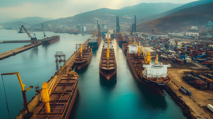 Naklejka premium Wide-angle view of a shipping port with idle grain ships and empty docks, highlighting the grain crisis 