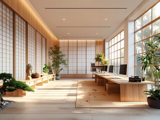 Serene Modern Japanese Office Prioritizing Employee Well-Being