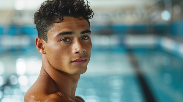Close-up portrait of a young male swimmer with water droplets, intense gaze, in an indoor pool setting
