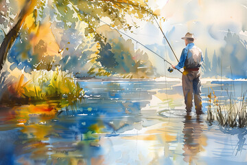 Watercolor painting of a man fishing with a rod at the riverside.