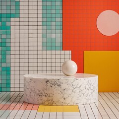 A minimalist product shot featuring a podium at the center of the image, set against a mosaic glass background for a colorful and artistic style.