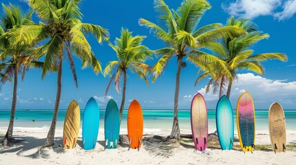 Closeup view of surfing board on tropical beach with coconut tree