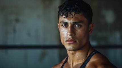 Young Hispanic athlete sweating after intense workout, focused expression, indoor gym setting
