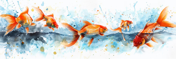 Watercolor painting of a school of goldfish swimming in clear water.