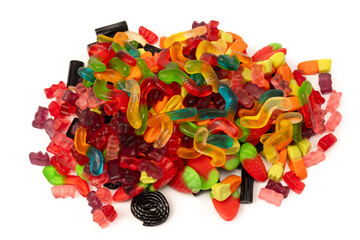 Assorted colorful gummy candies isolated on a white background. Top view.