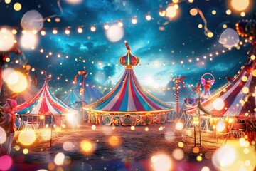 Enchanting, magical circus tent, Carnival themed background featuring a big top tent, circus performers, and dazzling lights