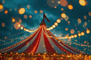 Enchanting, magical circus tent, Carnival themed background featuring a big top tent, circus performers, and dazzling lights
