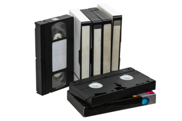 Pile of VHS video cassettes. Vintage media. Isolate on a white back.